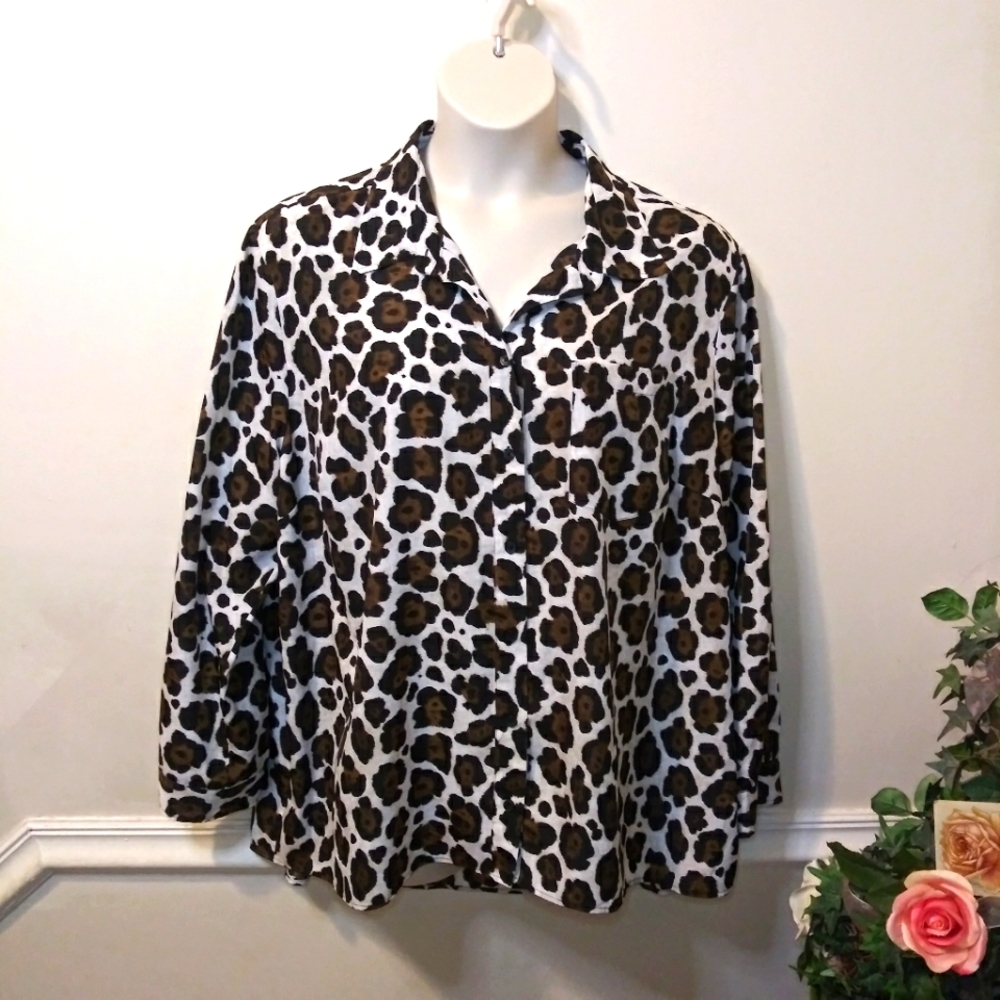 Michael Kors 3X Leopard Print Convertible Tab Sleeve Button Front Tunic Blouse - Picture 12 of 12